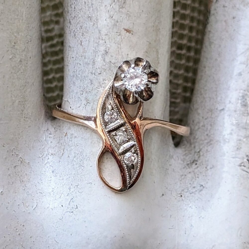 Russian USSR 14K Rose Gold 875 Silver Clear White Stones Flower RING